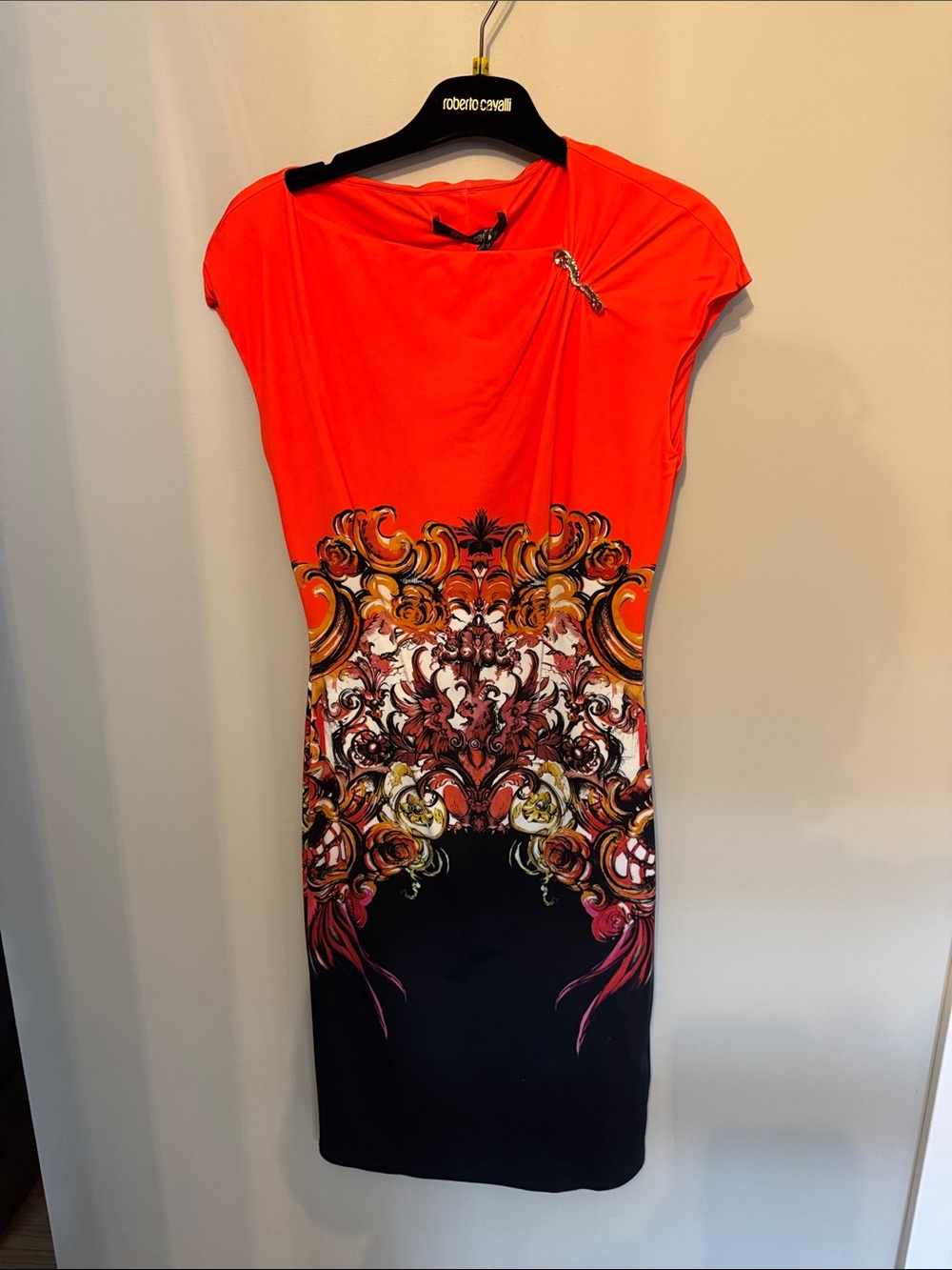Roberto Cavalli Orange and Black Baroque-Print Midi Dress